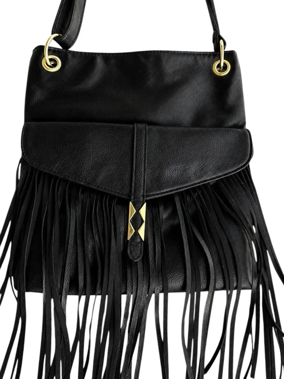Madden Girl Black Faux Leather Fringe Adjustable Crossbody Purse Y2K Western